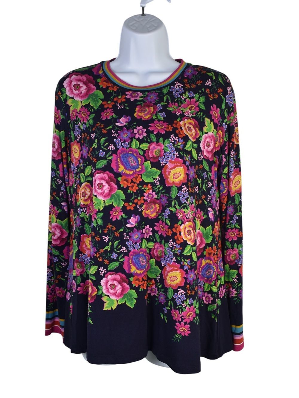Johnny Was S Floral Boho Tunic Top Navy Rayon Stretch Long Sleeve Relaxed
